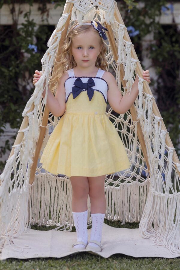 Vestido Plumeti amarillo lazo azul Miranda textil