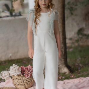 Mono niña ceremonia crudo flor verde hombros Miranda textil