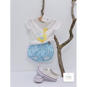 Conjunto bebe pato Vichy celeste turquesa