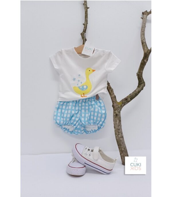 Conjunto bebe pato Vichy celeste turquesa
