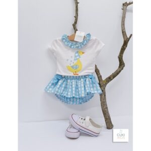 Conjunto pato pañuelo Vichy turquesa flores