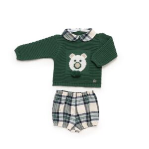 Conjunto pantalón cuadros oso verde musgo Juliana Vistiendo bebes