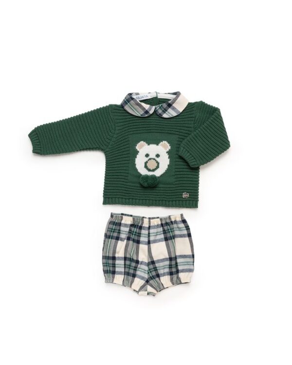 Conjunto pantalón cuadros oso verde musgo Juliana Vistiendo bebes