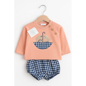 Conjunto conejos paraguas vichy azul Cuki kids